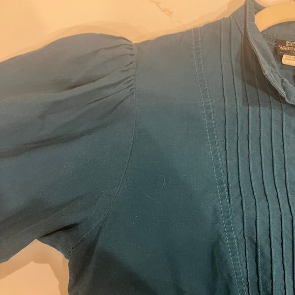 Vtg Patty Woodard 100% cotton button front shirt teal blue small puff sleeve - Picture 6 of 11